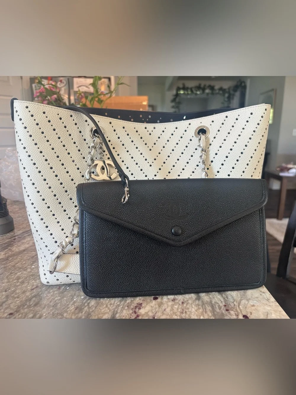 Chanel White Perforated Chevron Caviar Leather Shopping Tote Silver Hardware